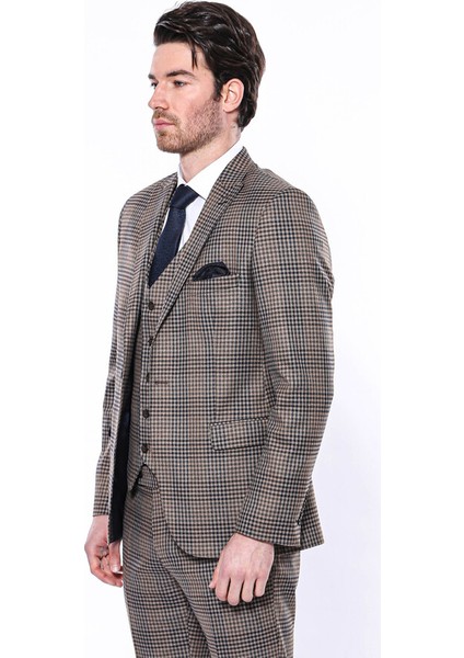 Kare Desenli Slim Fit Kahverengi Erkek Ceket