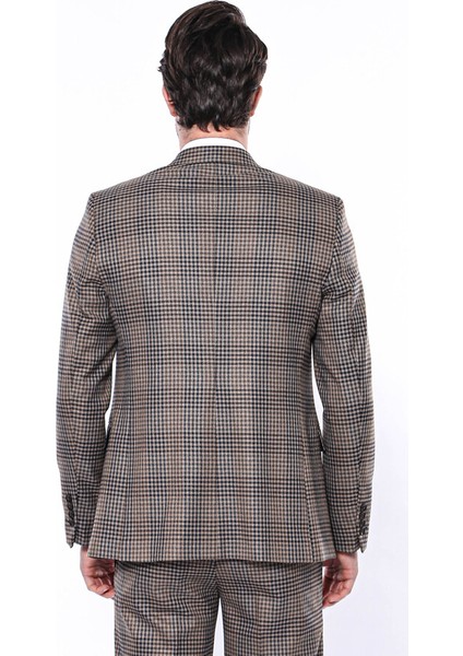 Kare Desenli Slim Fit Kahverengi Erkek Ceket