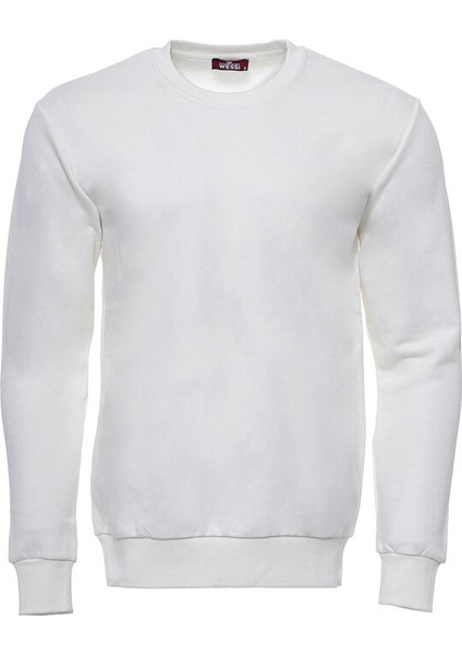 Krem Erkek Bisiklet Yaka Desensiz Sweatshirt