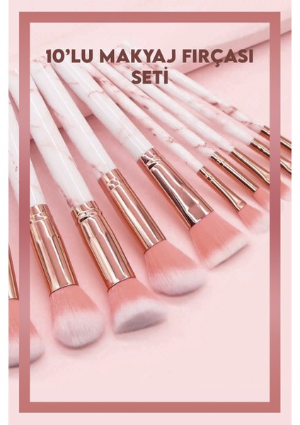 10'lu Mermer Desenli Makyaj Fırçası - Beyaz Sap - Pembe Uç