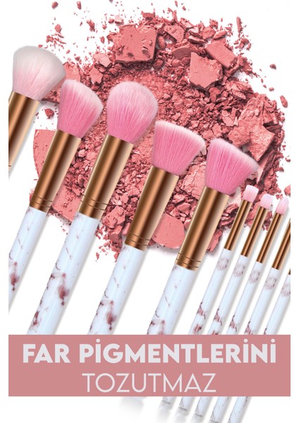 10'lu Mermer Desenli Makyaj Fırçası - Beyaz Sap - Pembe Uç