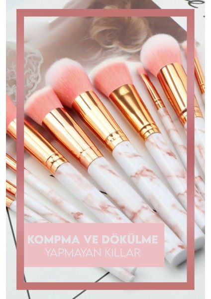 10'lu Mermer Desenli Makyaj Fırçası - Beyaz Sap - Pembe Uç