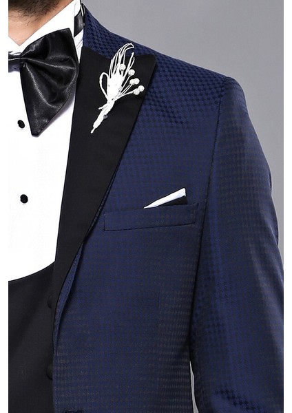 Erkek Ceket Desenli Lacivert Damatlık Slim Fit Takım Elbise fiyatları
