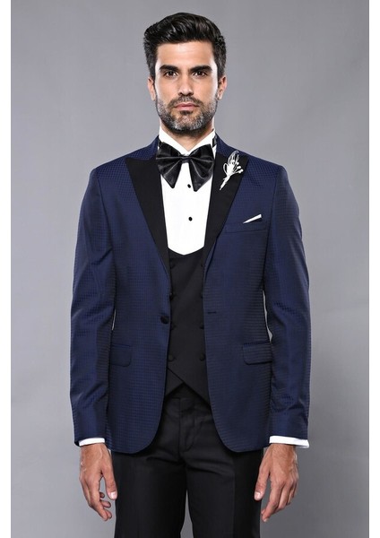 Erkek Ceket Desenli Lacivert Damatlık Slim Fit Takım Elbise fırsatları