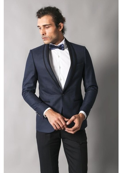 Şal Yaka Desenli Lacivert Damatlık Takım Elbise Wessi