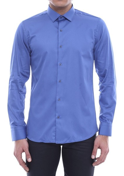 Düz Erkek Pamuk Saten Mavi Gömlek fırsatları