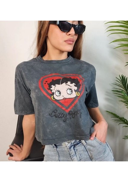 Kadın Betty Boop Kalp Detaylı Kısa Kol T-Shirt