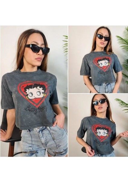 Kadın Betty Boop Kalp Detaylı Kısa Kol T-Shirt