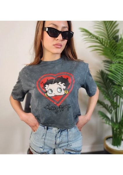 Kadın Betty Boop Kalp Detaylı Kısa Kol T-Shirt