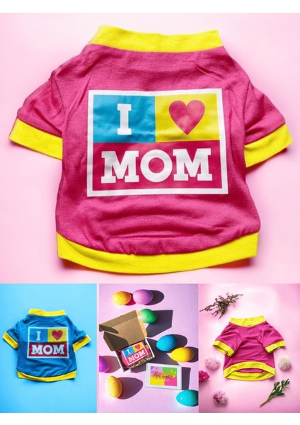 Annelere Hediye, Hediye Paketli, I Love Mom Pink, Oval Yaka Tişört Kedi Kıyafeti,elbisesi Anneler Günü, Anne modelleri