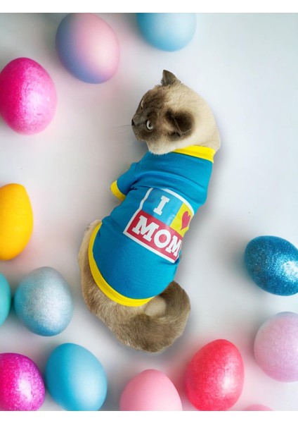 Hediye Paketli, Anneye Hediye, Love Mom Blue, Oval Yaka Tişört Kedi Kıyafeti,elbisesi Anneler Günü, Anneye, Anne