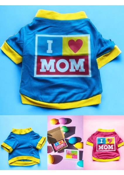 Hediye Paketli, Anneye Hediye, Love Mom Blue, Oval Yaka Tişört Kedi Kıyafeti,elbisesi Anneler Günü, Anneye, Anne indirimleri