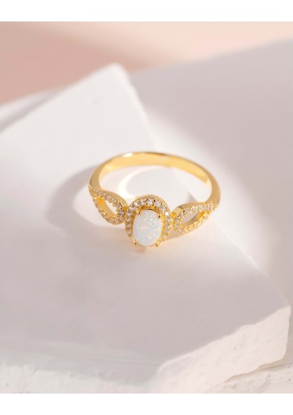 Beyaz Oval Opal Taşlı Gümüş Yüzük - 13