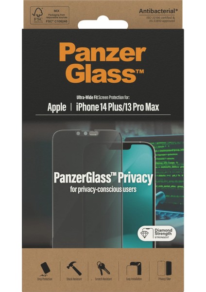 Panzerglass™ Apple iPhone 13 Pro Max/14 Plus Uwf Privacy Hayalet Antibakteriyel Ekran Koruyucu