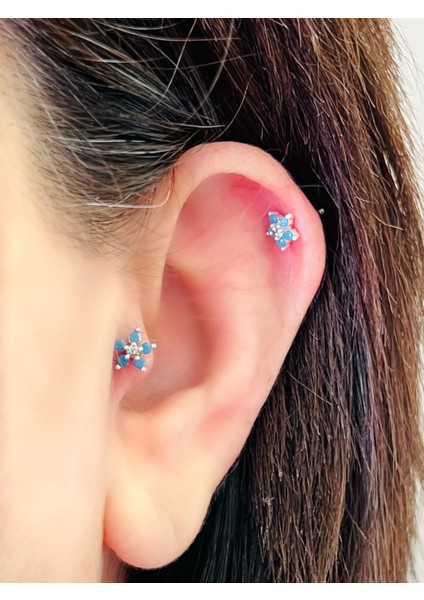 Çelik Mavi Firuze Taşlı Kıkırdak Helix Tragus Piercing (1ADET)