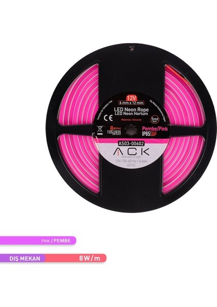 LED Neon Hortum Pembe Işık 5 Metre 12V 10W/MT