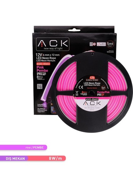 LED Neon Hortum Pembe Işık 5 Metre 12V 10W/MT