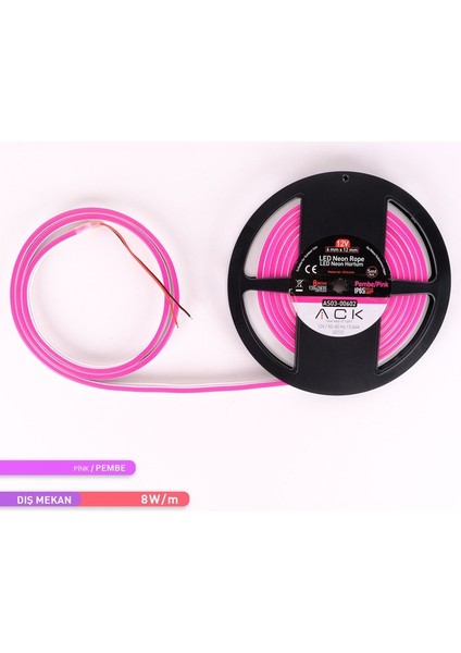 LED Neon Hortum Pembe Işık 5 Metre 12V 10W/MT