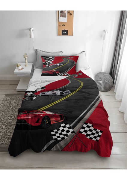 Kırmızı Araba Desenli Tek Kişilik Pike ( Yastık Kılıflı )