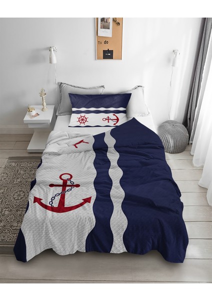 Denizci Çapa Desenli Tek Kişilik Pike ( Yastık Kılıflı )