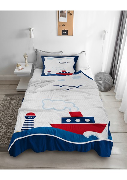 Denizci Gemi Desenli Tek Kişilik Pike ( Yastık Kılıflı )