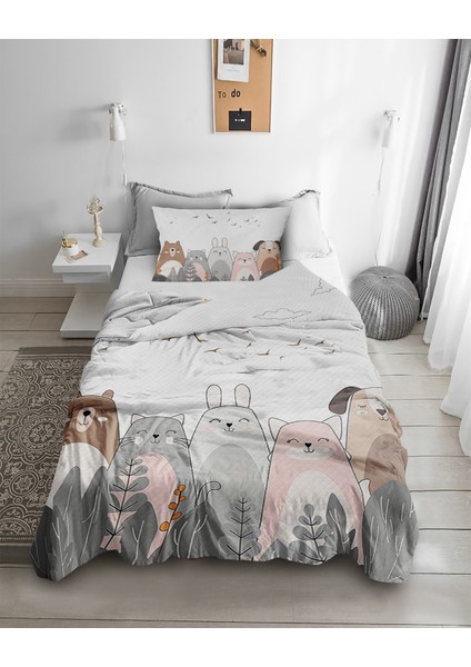 Sevimli Hayvanlar Desenli Tek Kişilik Pike ( Yastık Kılıflı )