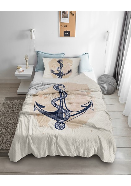 Denizci Çapa Desenli Tek Kişilik Pike ( Yastık Kılıflı )