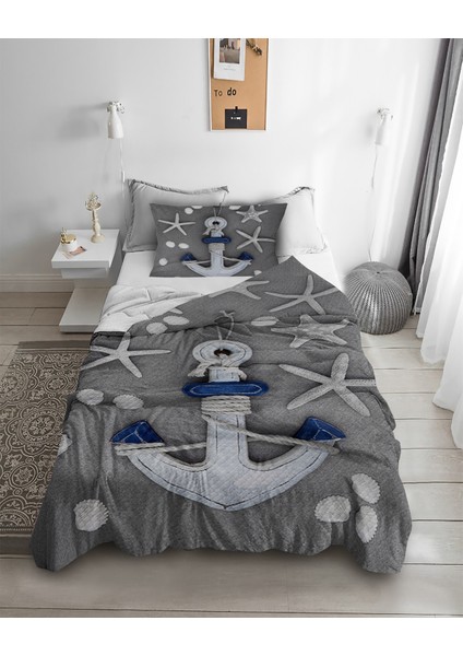 Denizci Çapa Desenli Tek Kişilik Pike ( Yastık Kılıflı )