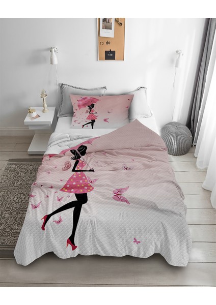 Şemsiyeli Kız Desenli Tek Kişilik Pike ( Yastık Kılıflı )