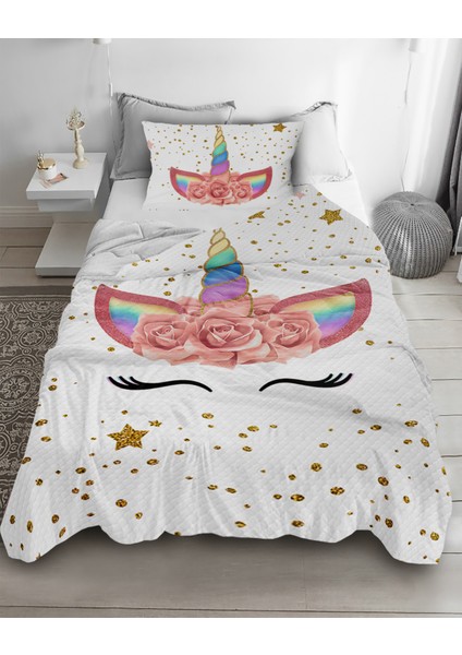 Sevimli Unicorn Desenli Tek Kişilik Pike ( Yastık Kılıflı )