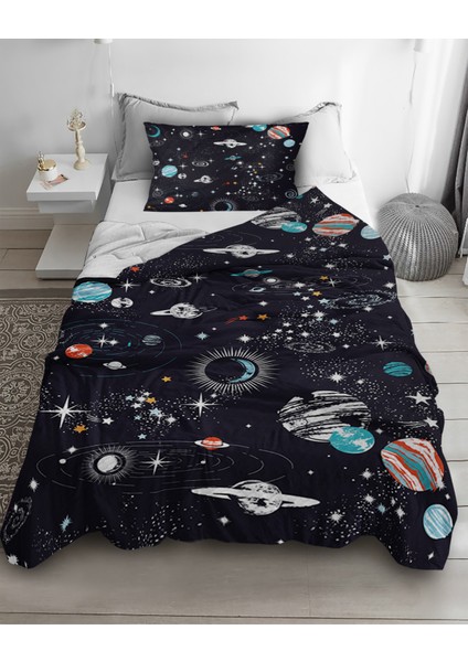 Uzay Gezegen Desenli Tek Kişilik Pike ( Yastık Kılıflı )