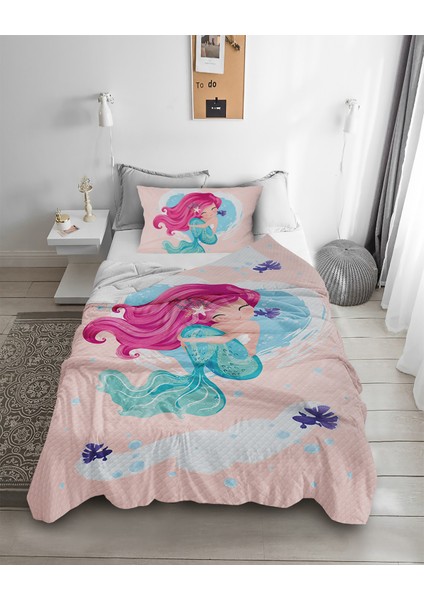 Deniz Kızı Desenli Tek Kişilik Pike ( Yastık Kılıflı )