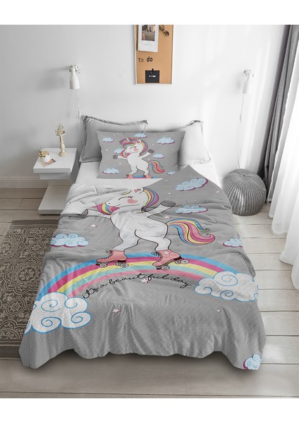 Sevimli Unicorn Desenli Tek Kişilik Pike ( Yastık Kılıflı )