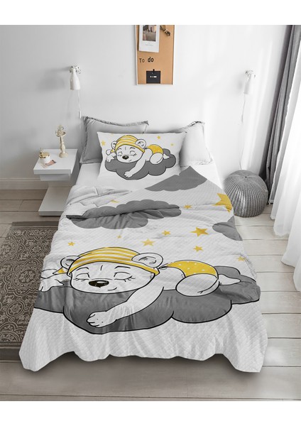 Sevimli Ayıcık Desenli Tek Kişilik Pike ( Yastık Kılıflı )