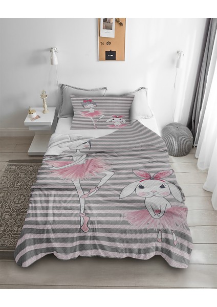 Balerin Ve Tavşan Desenli Tek Kişilik Pike ( Yastık Kılıflı )