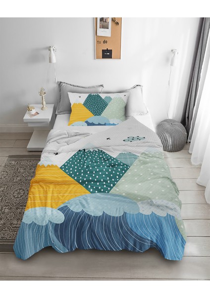 Iskandinav Dağ Desenli Tek Kişilik Pike ( Yastık Kılıflı )