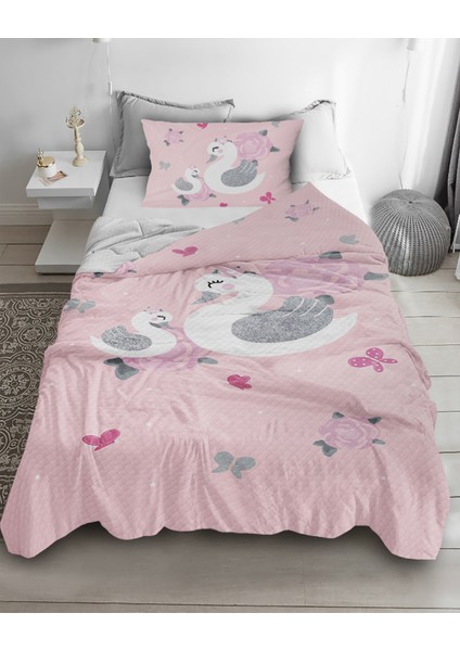 Sevimli Kuğu Desenli Tek Kişilik Pike ( Yastık Kılıflı )