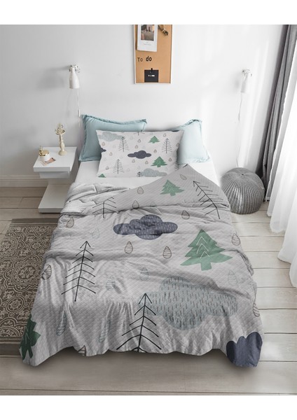 Iskandinav Dağ Desenli Tek Kişilik Pike ( Yastık Kılıflı )