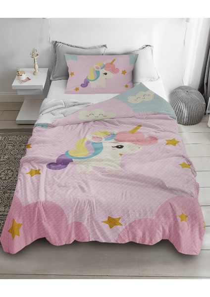 Sevimli Unicorn Desenli Tek Kişilik Pike ( Yastık Kılıflı )