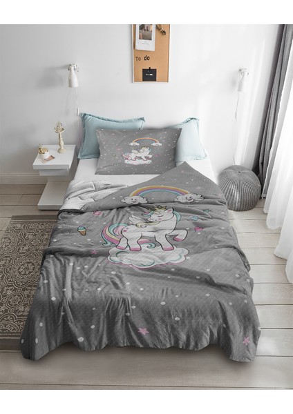 Sevimli Unicorn Desenli Tek Kişilik Pike ( Yastık Kılıflı )