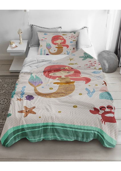 Deniz Kızı Desenli Tek Kişilik Pike ( Yastık Kılıflı )