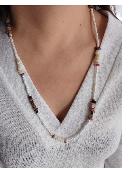 Özel Tasarım El Yapımı Sedef ve Rodonit Taşı Uzun Model Doğal Taş Kolye