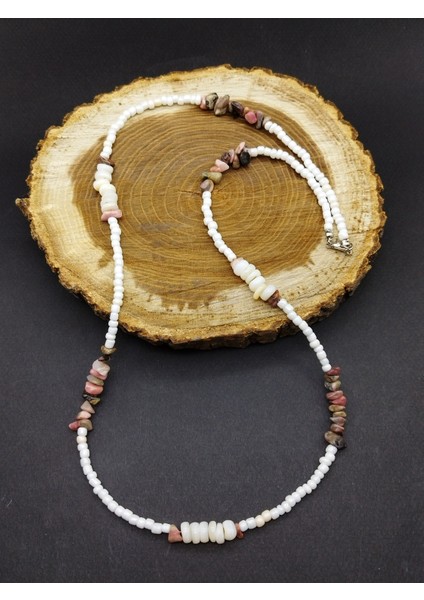 Özel Tasarım El Yapımı Sedef ve Rodonit Taşı Uzun Model Doğal Taş Kolye fiyatları