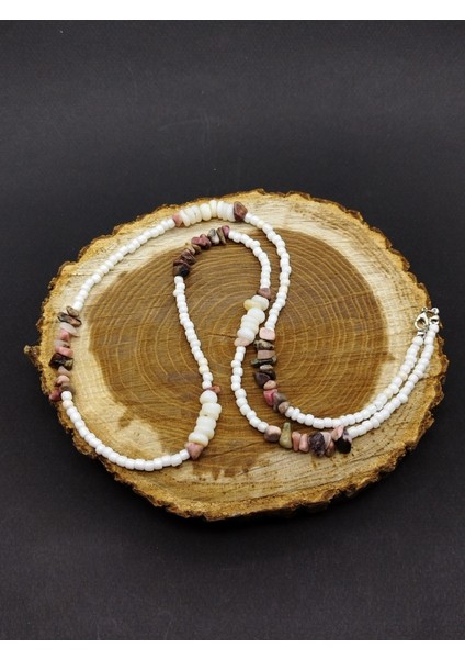 Özel Tasarım El Yapımı Sedef ve Rodonit Taşı Uzun Model Doğal Taş Kolye modelleri