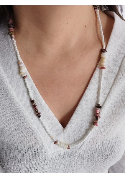 Özel Tasarım El Yapımı Sedef ve Rodonit Taşı Uzun Model Doğal Taş Kolye fırsatları