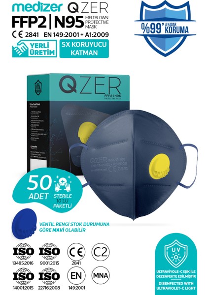 Qzer Lacivert 5 Katlı Ventilli Ffp2 Nr N95 Maske fiyatları