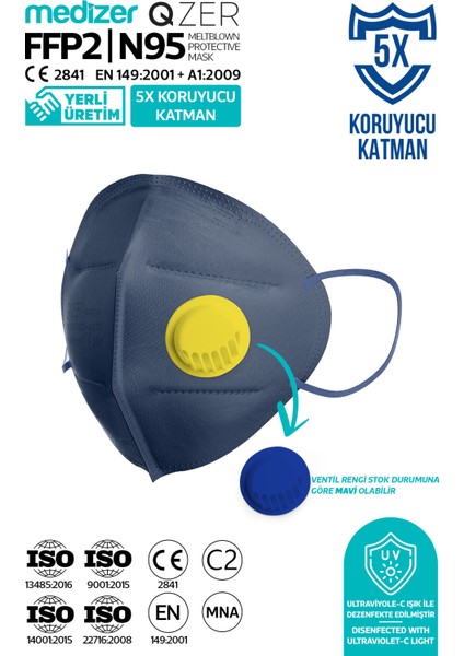 Qzer Lacivert 5 Katlı Ventilli Ffp2 Nr N95 Maske fırsatları