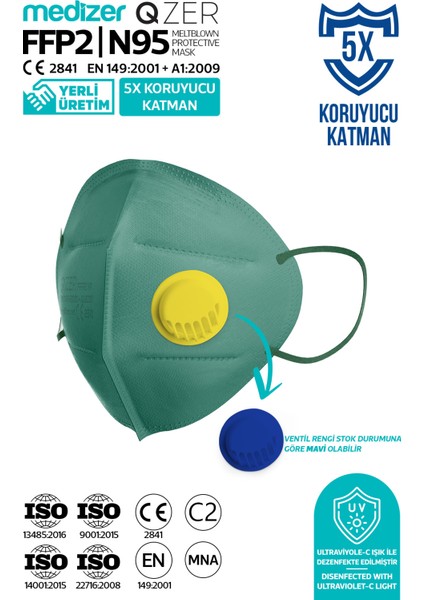 Qzer Yeşil 5 Katlı Ventilli Ffp2 Nr N95 Maske