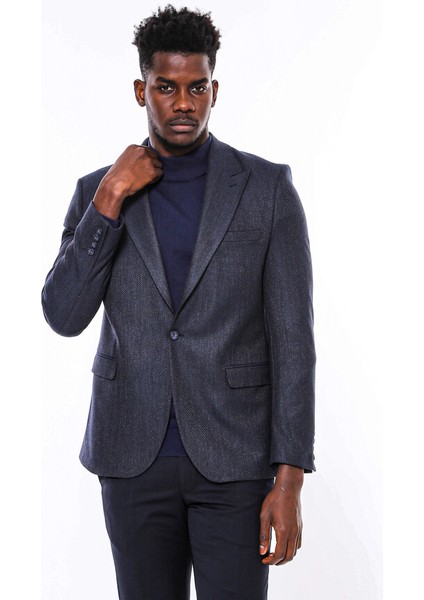 Kendinden Desenli Lacivert Slim Fit Ceket modelleri