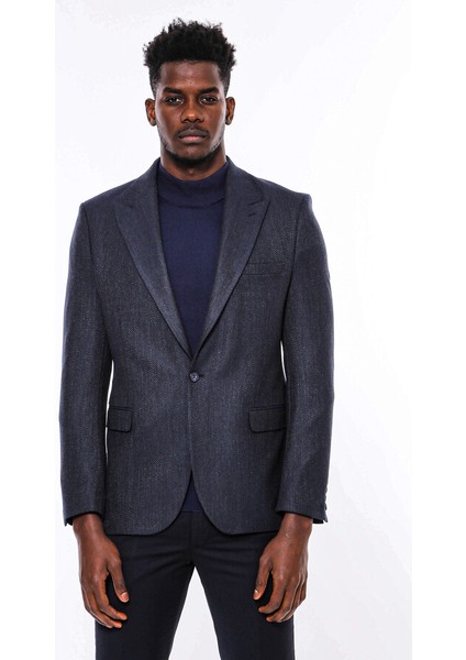 Kendinden Desenli Lacivert Slim Fit Ceket fırsatları